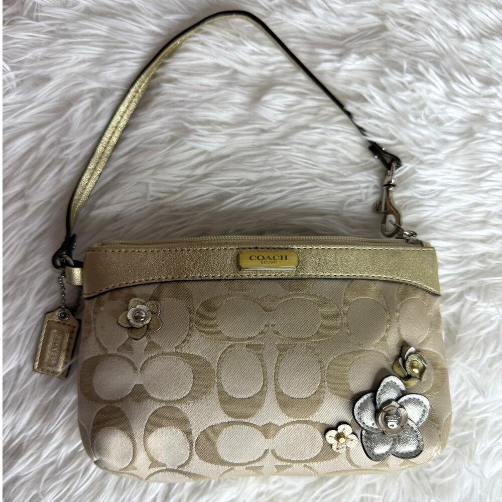 COACH Gold Tan Floral Signature Canvas Wristlet